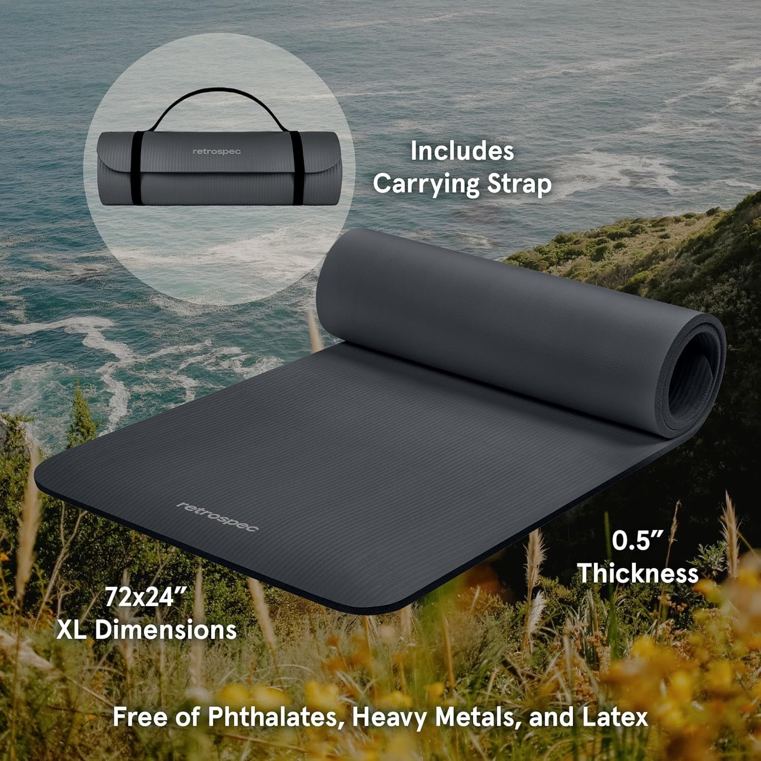 Solana Yoga Mat Thick 1/2In Non-Slip Workout Mat with Nylon Strap - 72X24In Exercise Mat for Pilates, Stretching & Fitness - BPA Free, Easy Clean